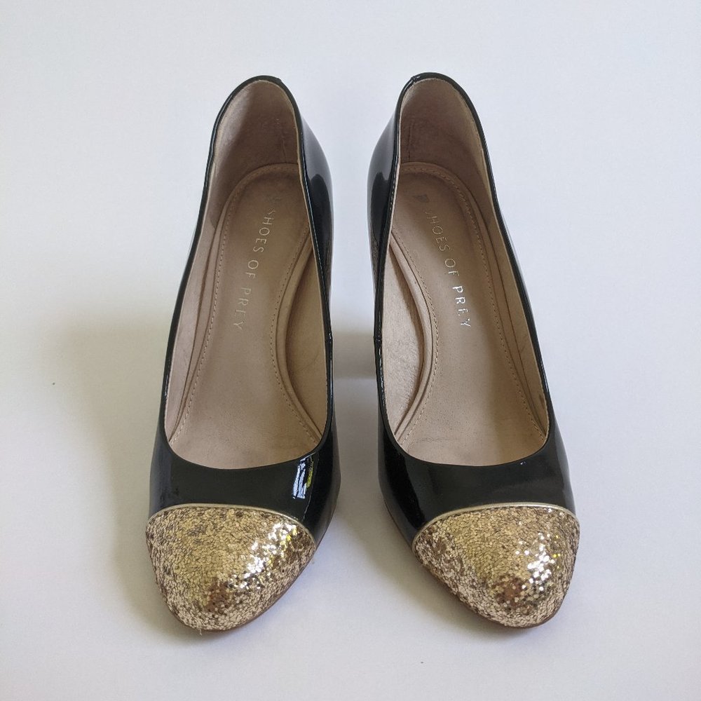 Shoes of Prey Custom Patent Leather Navy Pumps with Gold Heel & Toe Cap 6